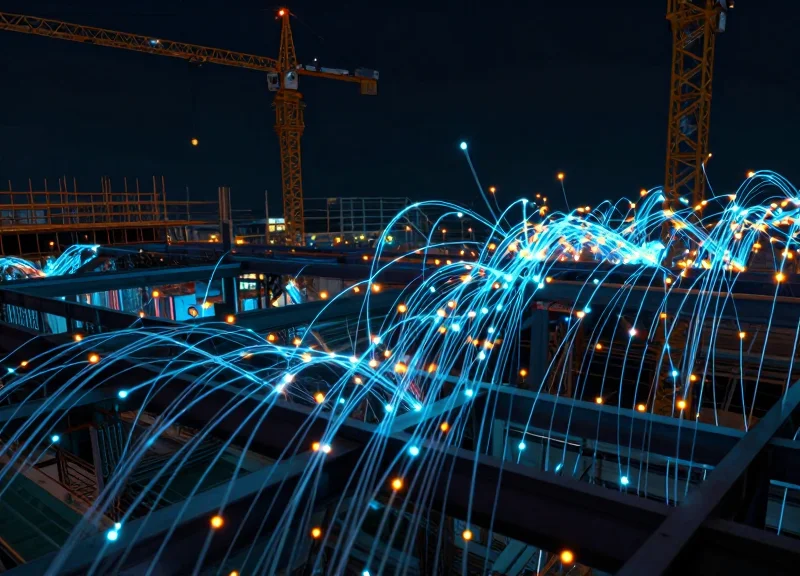 Abstract visualization of construction equipment connected by glowing data streams representing RFID technology
