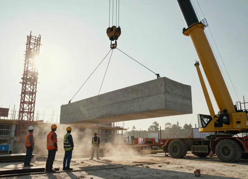 Large precast concrete elements at a construction site being managed by workers