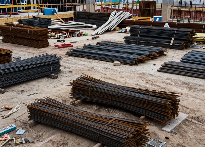 Messy construction site with disorganized steel rebar and equipment representing material loss.