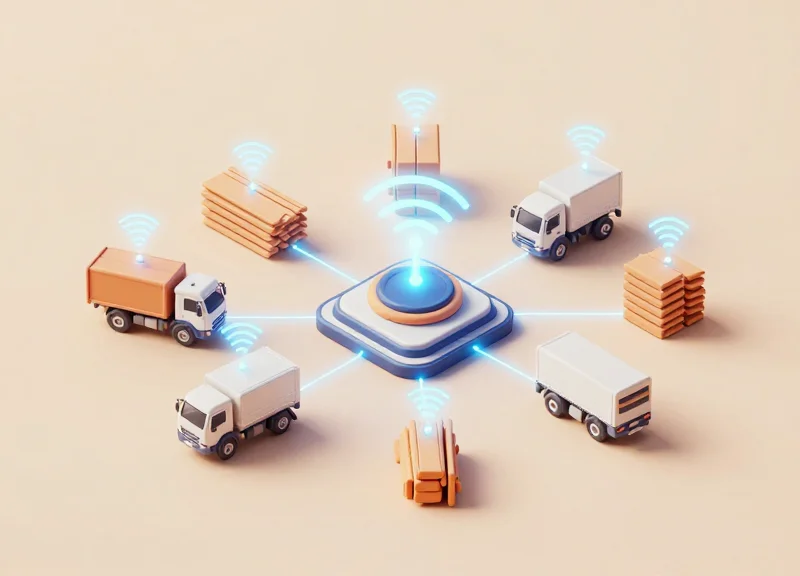 Isometric 3D model of an RFID tracking system in a construction environment.
