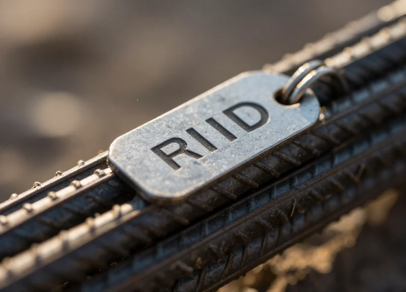 Close-up of industrial RFID tag attached to a bundle of steel rebar.