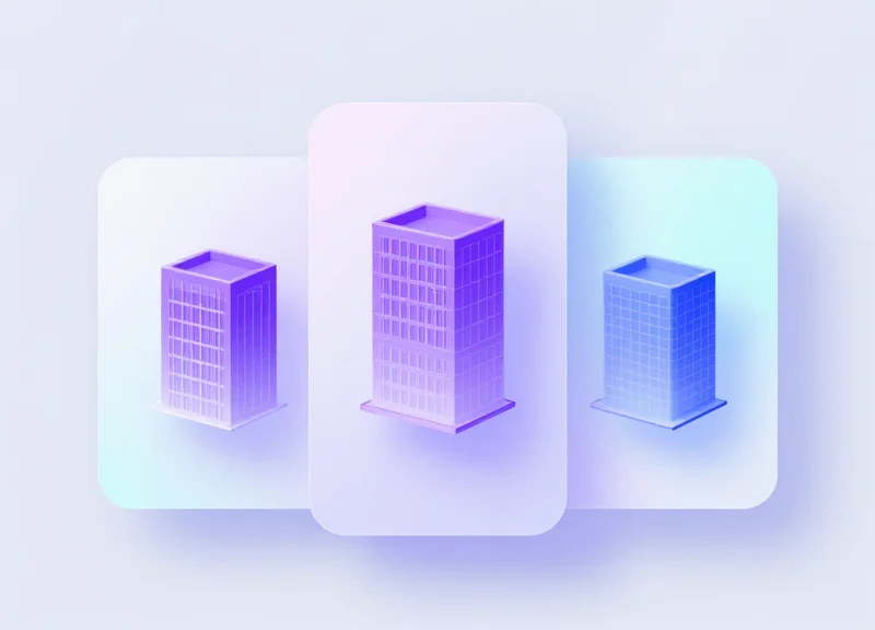 Abstract software interface showing 3D building integration and data modules.