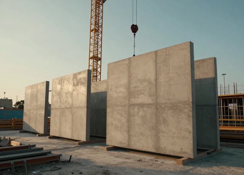 Cinematic wide shot of a modern construction site with precast concrete panels and cranes under golden hour light