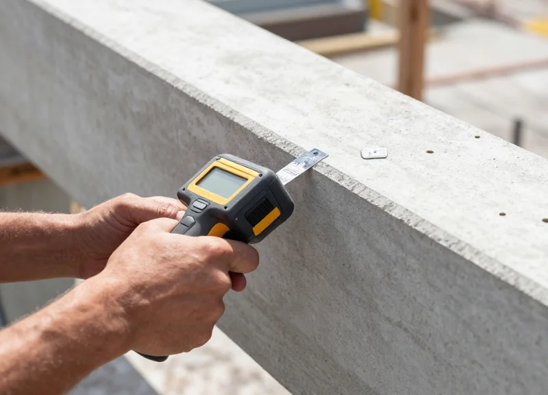 Construction worker using a handheld scanner on a precast concrete beam at a jobsite