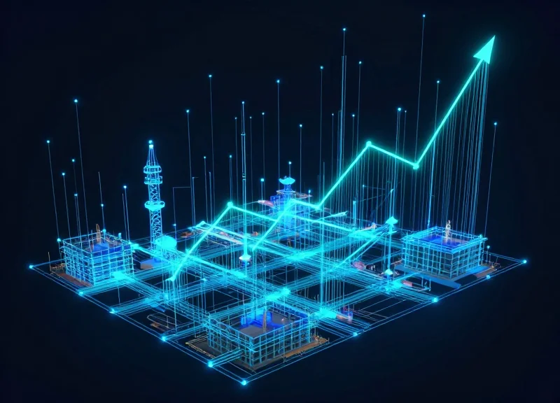 Abstract digital network overlaying a construction site representing IoT and RFID connectivity.