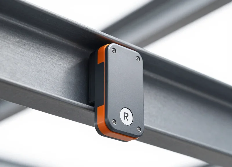 Close-up of a rugged, industrial RFID tag designed for construction equipment protection.
