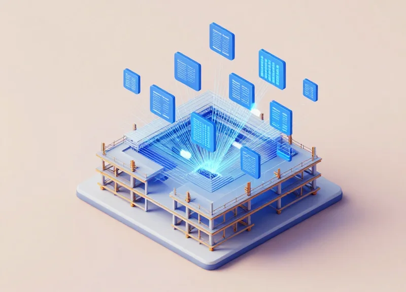 Isometric 3D model of a building integrated with digital data streams and BIM modeling.