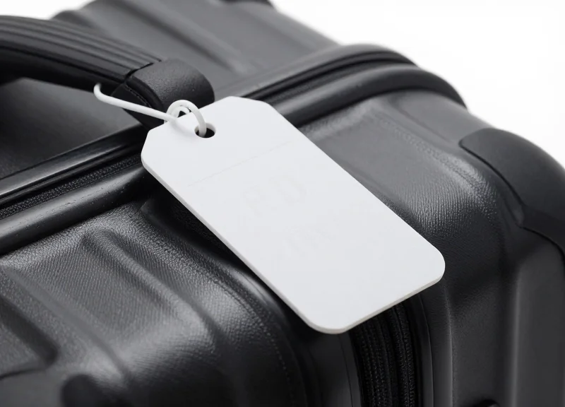 A close-up of a specialized RFID baggage tag on a suitcase handle without any text.