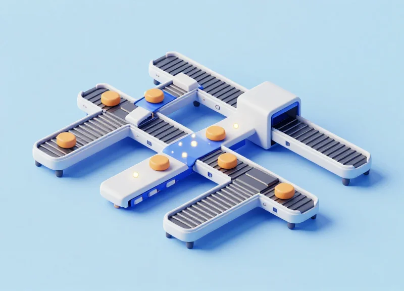 Isometric 3D illustration of a modular baggage handling system with interconnected conveyor belts.