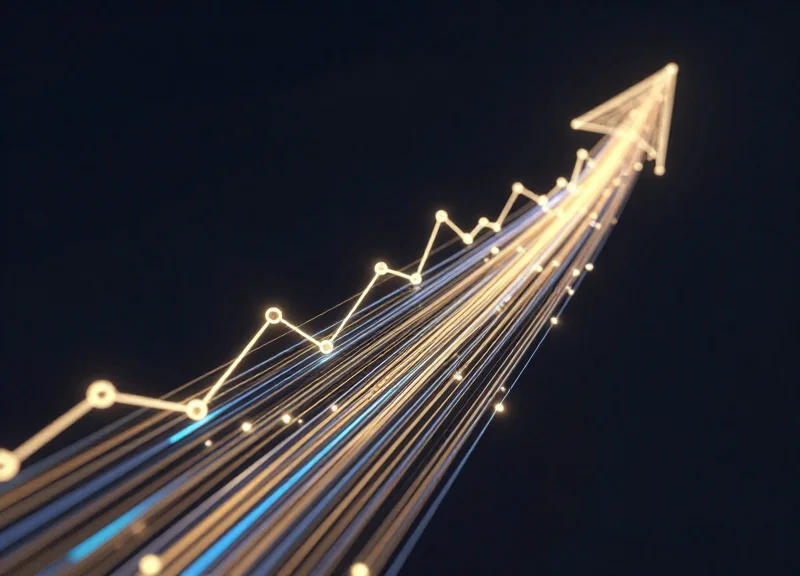 Abstract visualization of financial growth with glowing golden light trails rising upwards.