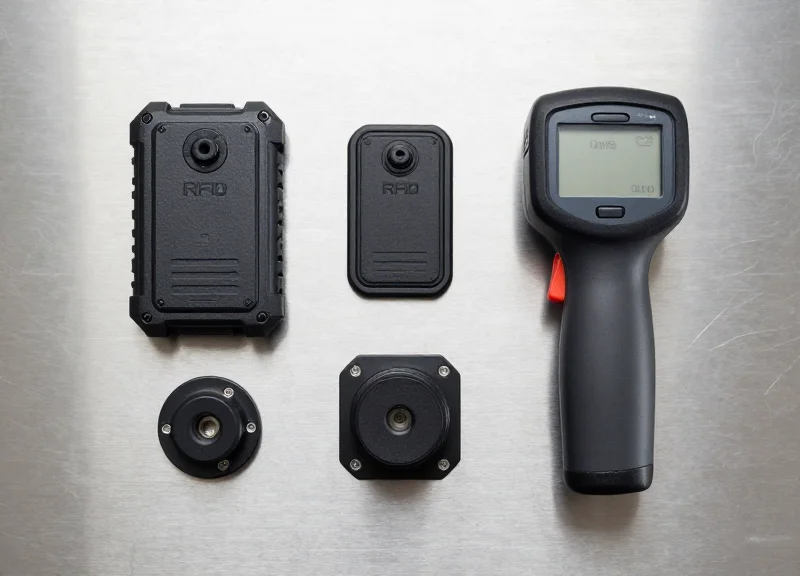 Professional flat lay of RFID tags, a handheld scanner, and industrial readers on a metallic surface.