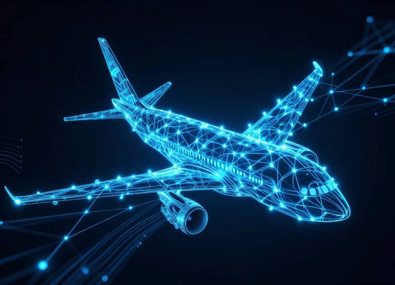 Futuristic conceptual art showing AI neural networks integrated with airport operation patterns.