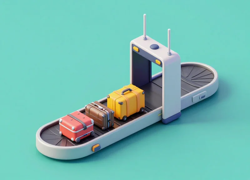 Isometric view of an airport conveyor belt with an RFID scanning portal and high-gain antennas.