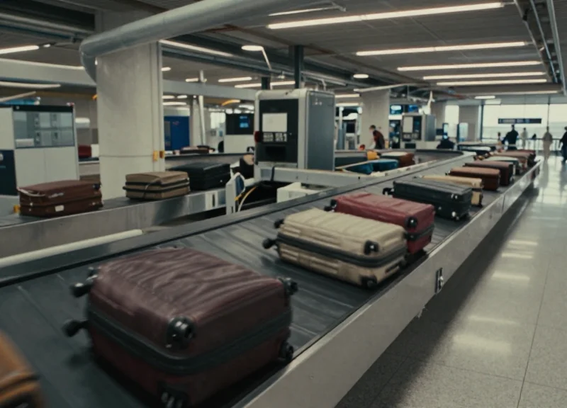 High-speed airport baggage sorting system with luggage moving through an induction point.