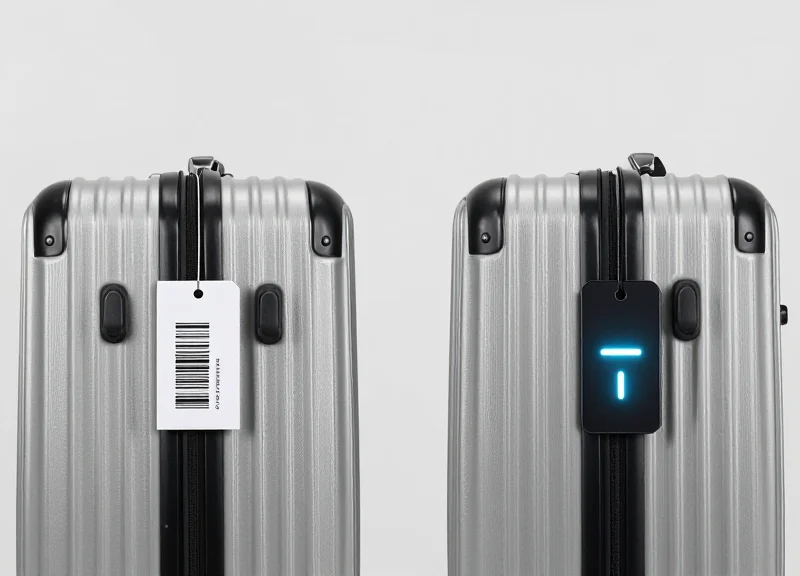 A side-by-side comparison of a traditional paper barcode tag and a modern electronic RFID tag on luggage.