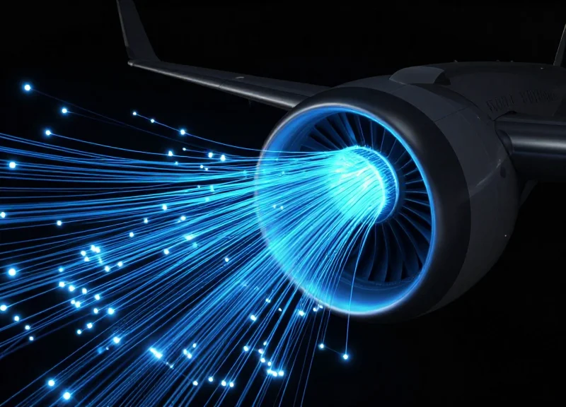 Technical visualization of glowing data streams and nodes surrounding an aircraft turbine engine.