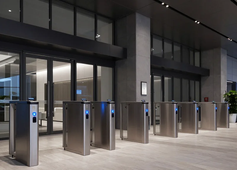 A modern bank entrance featuring high-tech RFID sensor gates and a clean interior design.