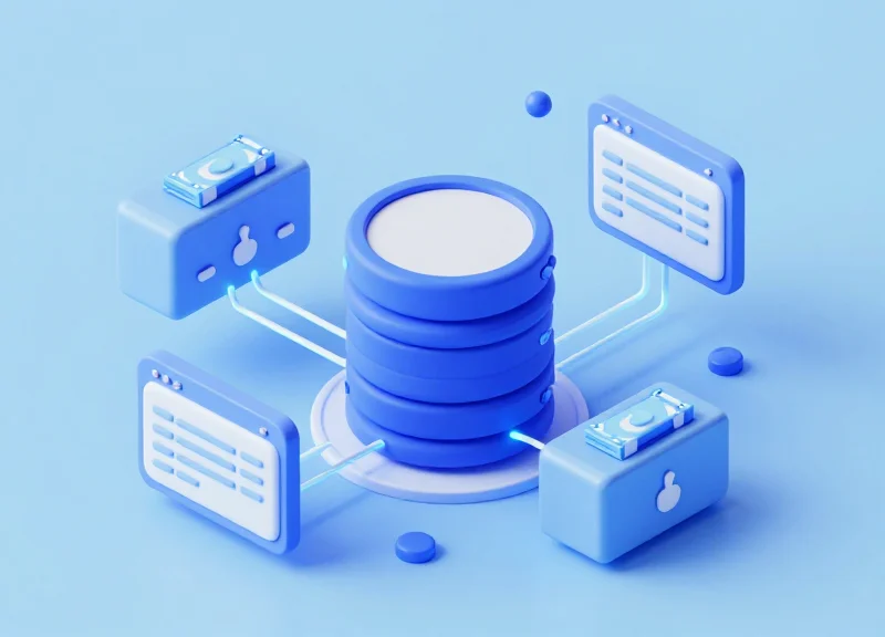 Isometric 3D model of a bank server connected to floating data modules and cash box icons.