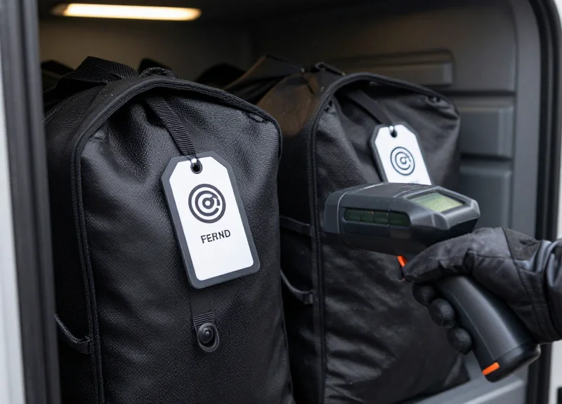 Close-up of RFID tags on high-security cash-in-transit bags being scanned with a handheld device.