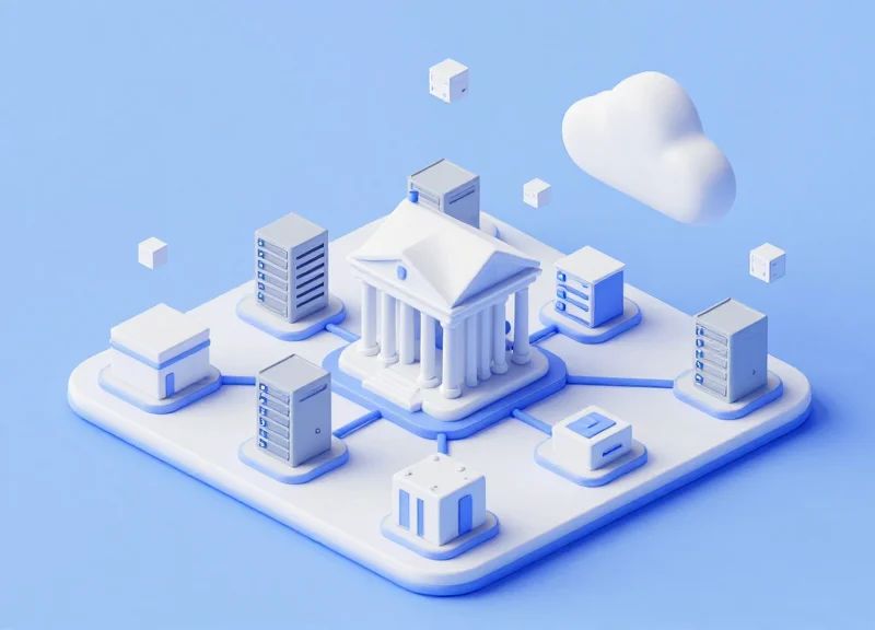 3D isometric model showing the integration of RFID logistics with a central bank system.