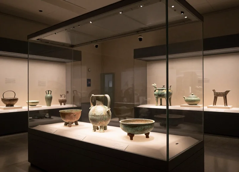 A modern museum exhibit with high-tech security glass and discreet sensors protecting a golden artifact.