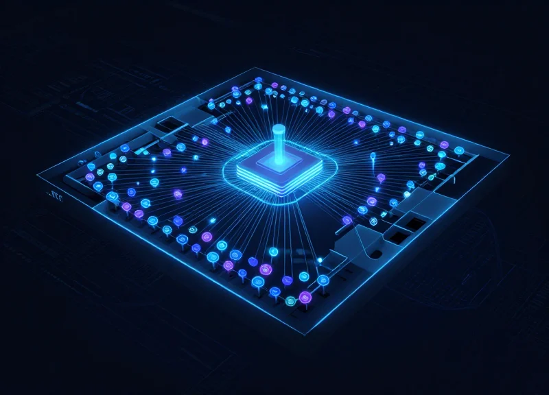 A digital visualization of a museum floor plan with glowing tracking nodes for asset protection.