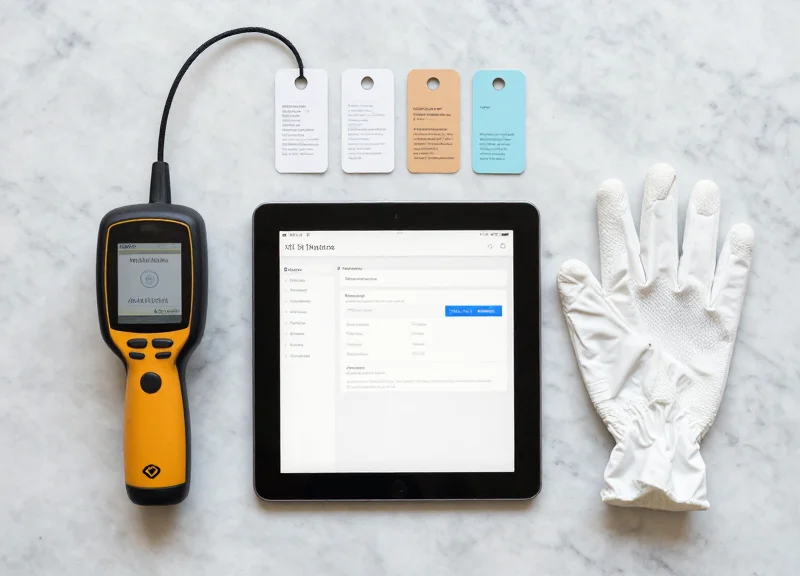 A neatly organized flat lay of museum inventory management tools including a scanner and tablet.