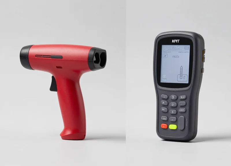 Side-by-side comparison of an old handheld barcode scanner and a modern sleek RFID terminal with a glowing antenna.