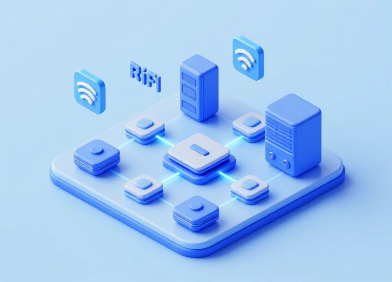 Isometric 3D model of an exhibition hall showing connected RFID components like readers, tags, and a central server.