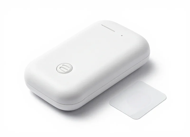 Close-up of a small, discreet RFID tag and a sleek, professional RFID reader.