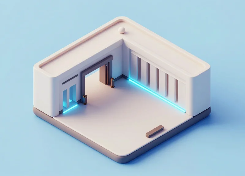 Isometric 3D view of a gallery entrance showing invisible security gateways.