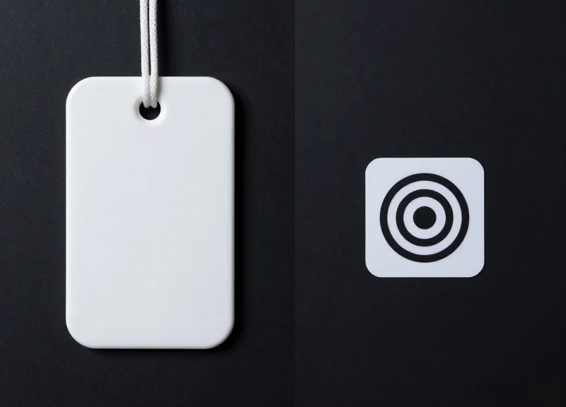 A comparison between a traditional bulky EAS hard tag and a modern thin RFID smart label side by side