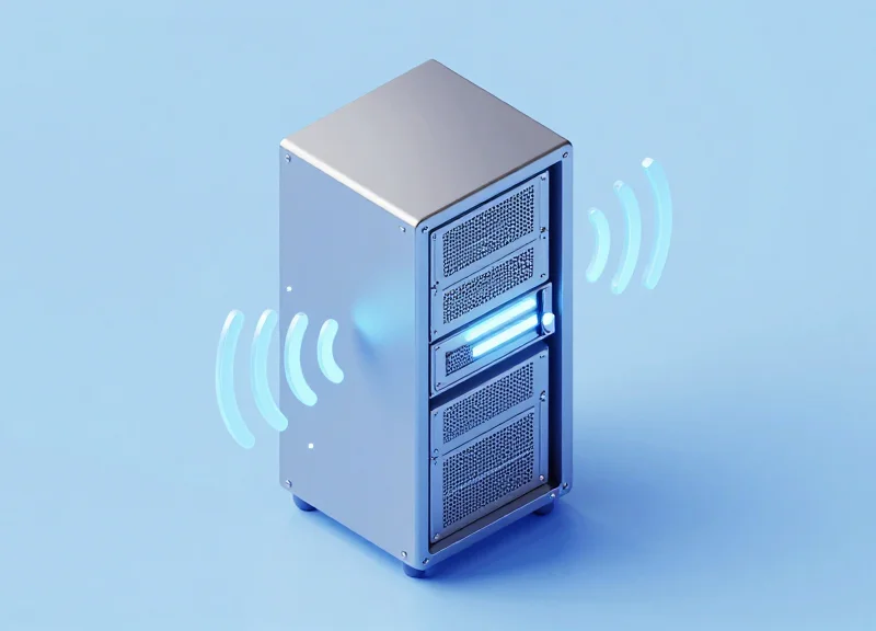 Isometric 3D view of a metal server rack with glowing waves reflecting off its surface to represent signal interference.