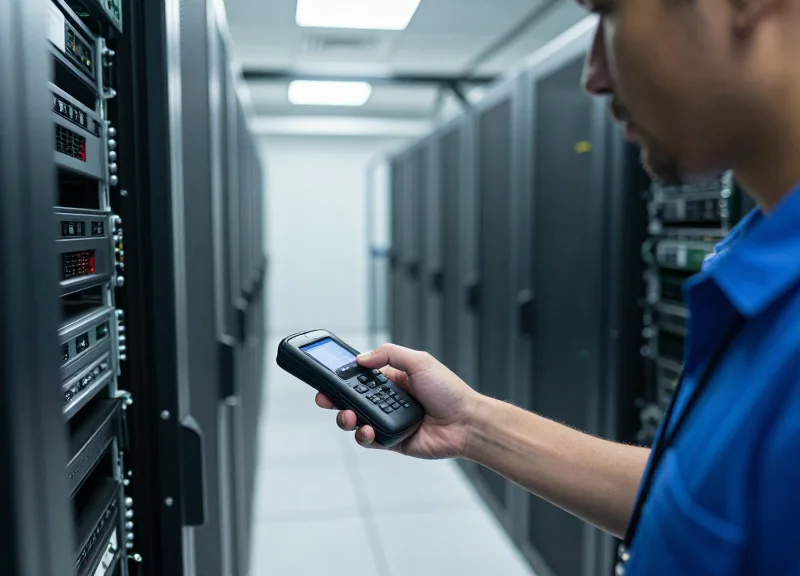 An IT professional using a handheld scanner in a modern, organized data center.