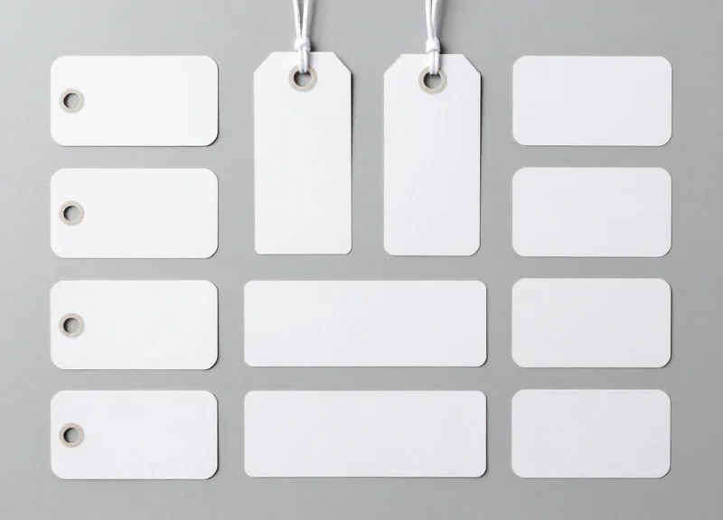 A variety of RFID labels and tags arranged neatly on a gray surface.