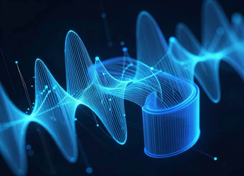 Abstract visualization of radio frequency waves interacting with a curved metallic surface without signal loss.