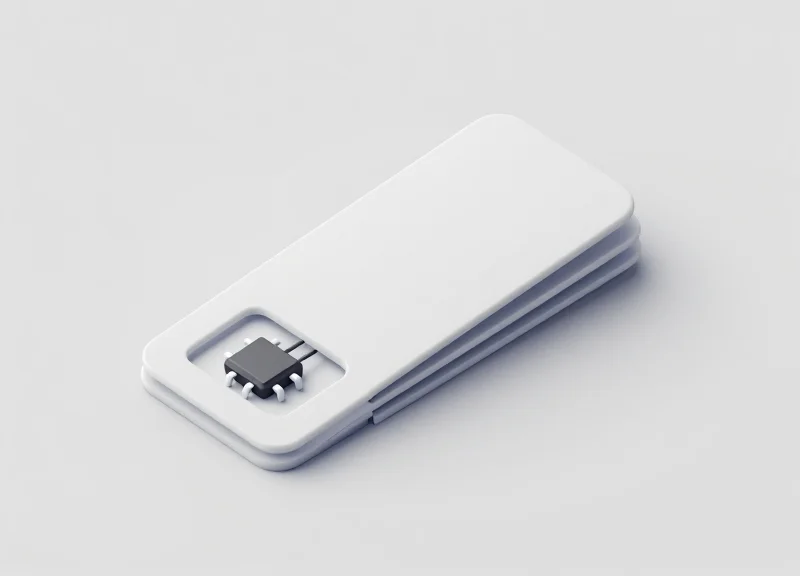 Isometric view showing the layered construction of a micro-thin 1.2mm flexible RFID tag.