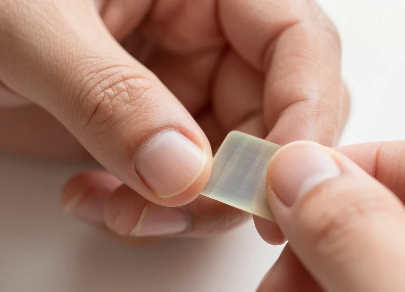 Close-up of a pair of fingers bending a very thin and flexible high-tech RFID substrate to demonstrate durability.