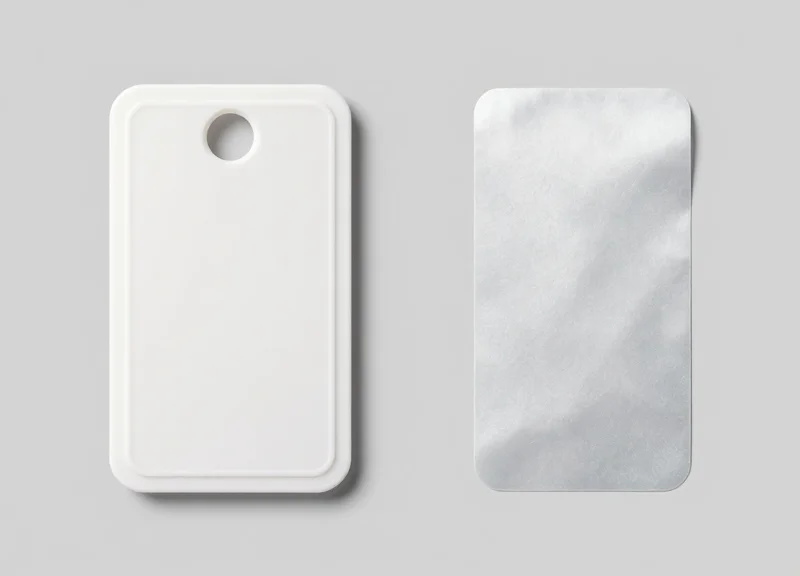 Comparison between a traditional thick rigid RFID tag and a modern thin flexible RFID tag