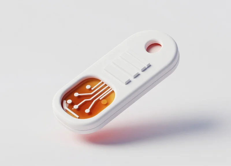 3D isometric breakdown showing the internal layers of a rugged PCB RFID tag including the antenna and protective coating.
