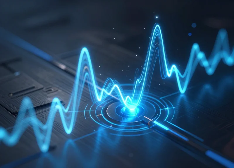 Abstract visualization of RFID signals overcoming electromagnetic interference on a metallic industrial surface.
