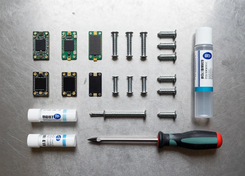 Organized collection of industrial mounting hardware and PCB RFID tags for machinery installation.