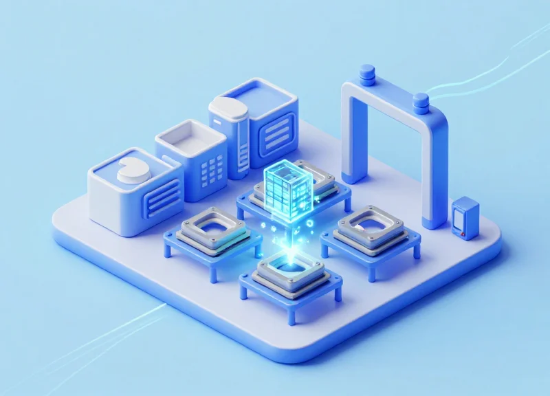 Isometric view of an industrial facility with readers and data nodes connecting molds to a central system.