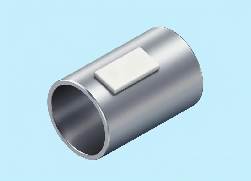 Isometric view of a ceramic RFID tag mounted on a curved metal pipe showing air gaps