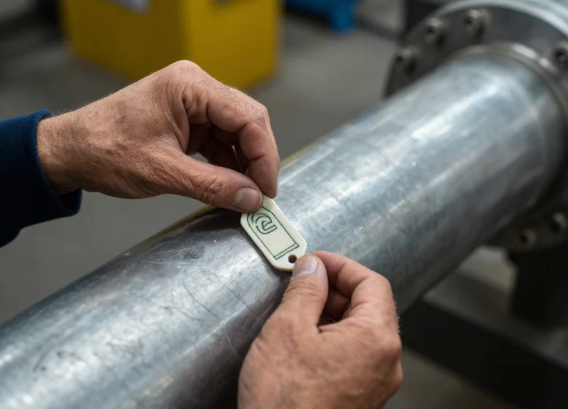 Close-up of a professional technician orienting a ceramic RFID tag on a metal industrial pipe