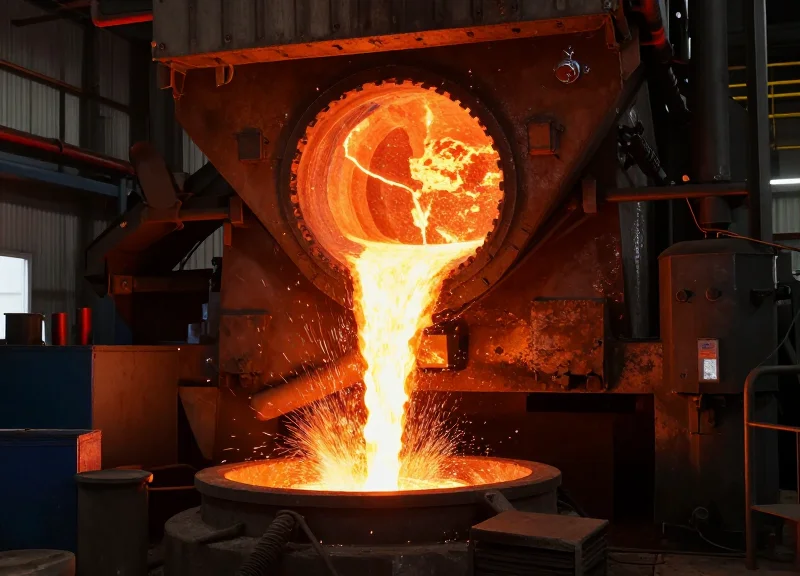 A high-temperature industrial foundry environment with glowing molten metal and intense heat waves.