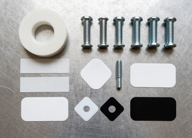 Organized collection of RFID mounting hardware including adhesives and screws.
