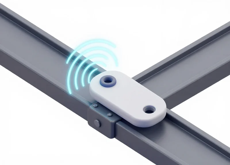 Isometric 3D model of an RFID tag on a metal surface with signal waves.