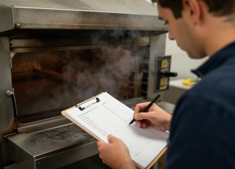 A worker manually recording data on a clipboard in a traditional, steam-filled industrial bakery setting.