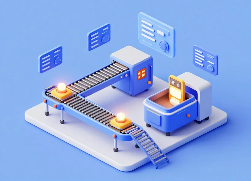 A 3D isometric representation of a connected heat treatment facility with data streams and conveyor systems.